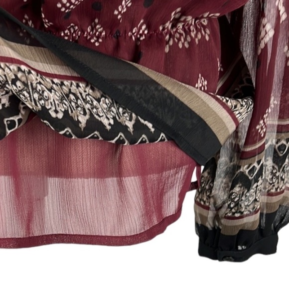 Adrianna Papell Popover Top M Boho Maroon Print Balloon Keyhole Cinch Waist - Picture 6 of 9